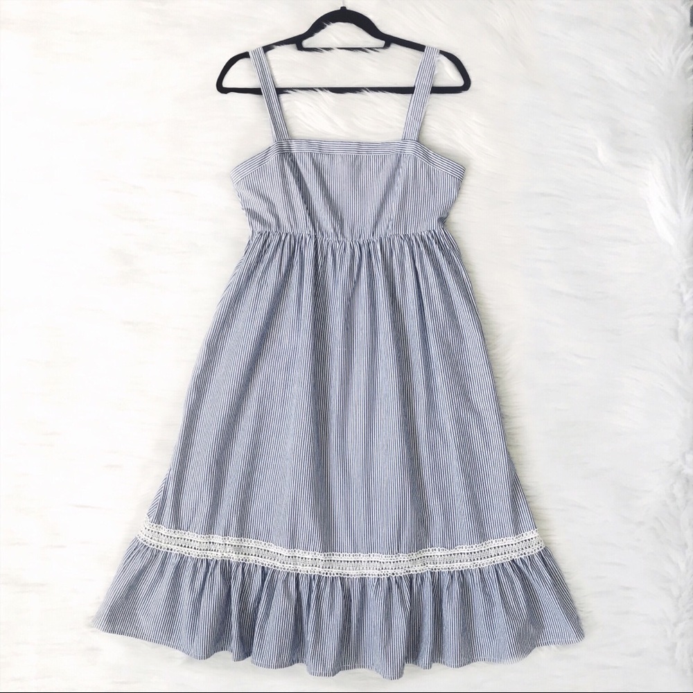 Blue White Stripe Empire Waist Summer Midi Dress - Picture 4 of 7